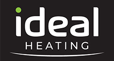 ideal heating logo featuring bold white text on a black background with a green dot representing quality and innovation in heating solutions for home comfort