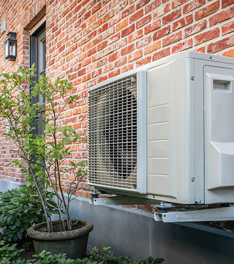 air conditioning unit mounted on a wall next to a leafy green plant and brick wall ideal for cooling a home in 19 degree weather