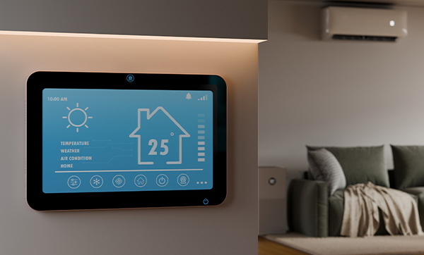 digital control panel displaying temperature settings in a modern living room with stylish furniture showing 25 degrees Celsius and home settings related to 5 functions