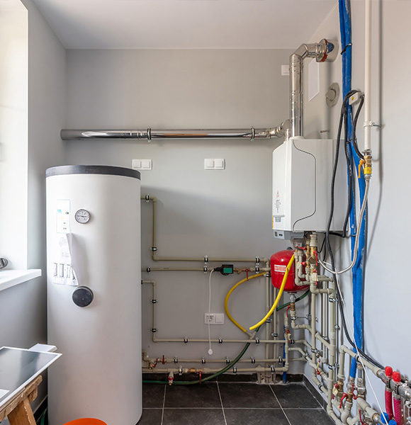 a modern utility room featuring a hot water heater and plumbing installation with visible pipes and fittings showcasing eight connections for efficient water flow