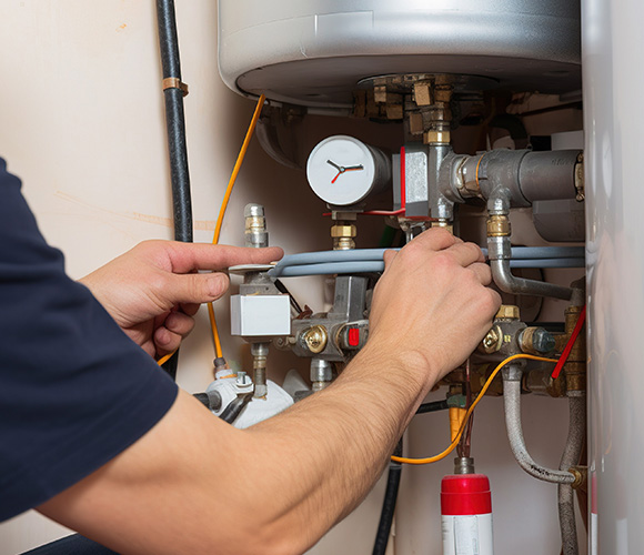 person performing maintenance on water heater showing pipes and pressure gauge related to plumbing and home repair 11 tips for servicing