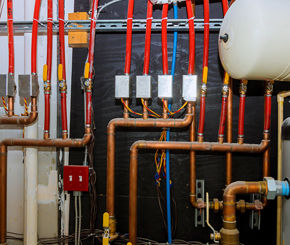 complex plumbing system featuring multiple copper pipes and valves with red and blue tubing including a water heater and electrical components related to efficient heating solutions and 13 connections