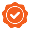 orange circular badge with check mark symbol representing eight quality aspects or features